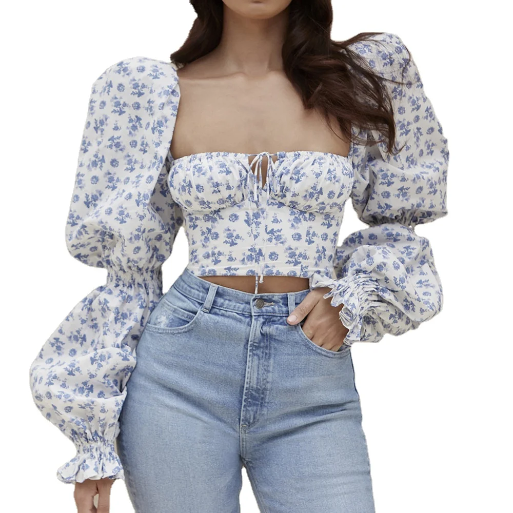 

Sexy Cutout Bust Tie Puff Shoulders Tops Fashion Floral Printed Design Slim Crop Top Women Long Flared Sleeve Shot T-shirt Tops