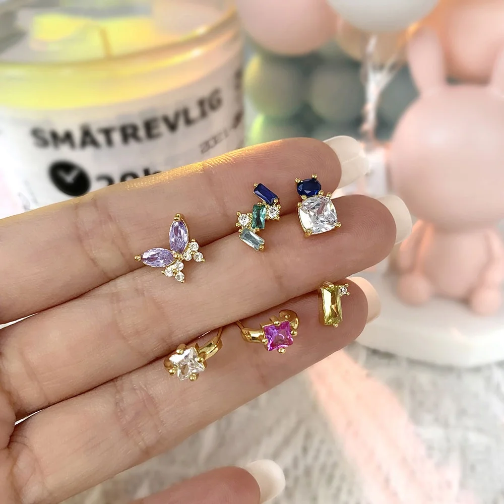 

Luxury Female Princess Cut Zirconia Earrings Cuff Colorful CZ Crystal Butterfly Baguette Zircon Stud Earring For Women Jewelry
