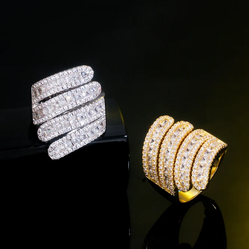 Luxury Dubai Gold Silver Color Cubic Zirconia Big Resizable Ring for Women Cocktail Party Jewelry Accessories