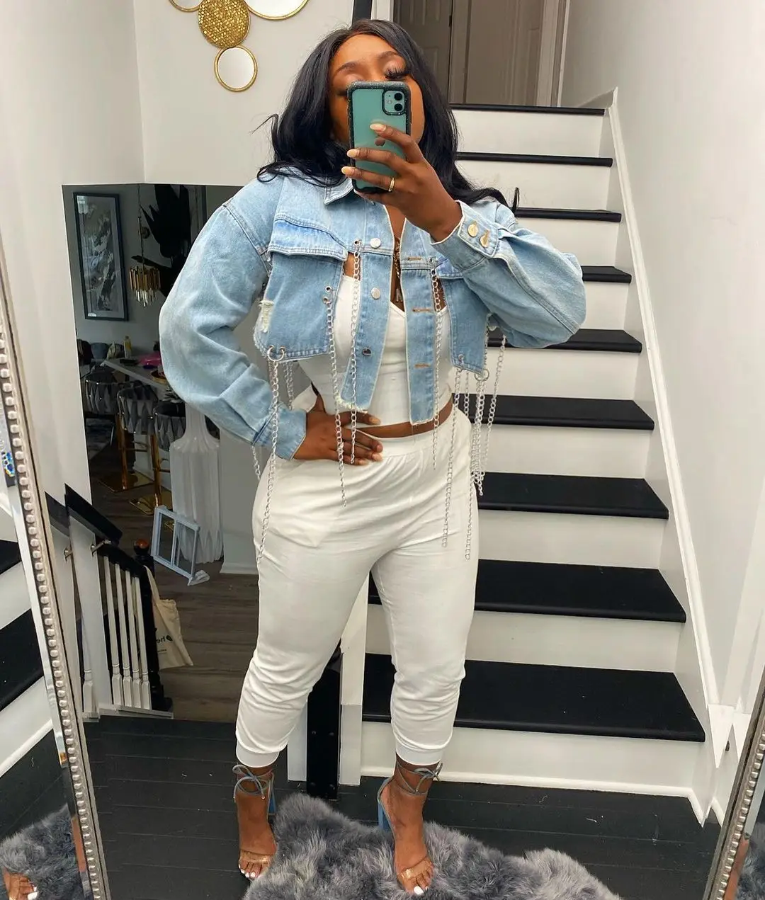 

Yingchao 2021 Drop Shipping Fashion Solid Hip Hop Women Oversized Plus Size Turn-down Collar Chain Denim Jacket