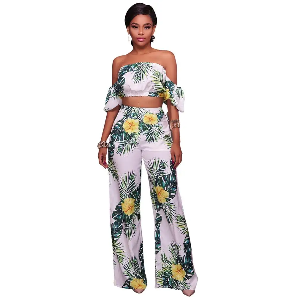 

2020 New Arrivals women sexy off shoulder Lantern Sleeve Floral Print Bohemia top and pants casual two piece set