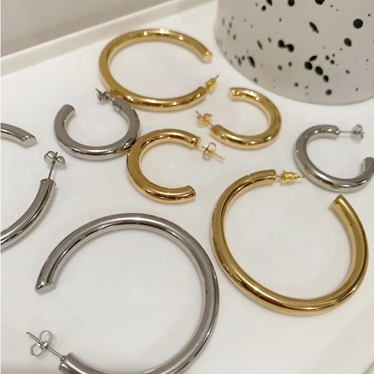 

INS 5mm Hollow Stainless Steel C Shape Hook Earring For Women Geometric Big Round Circle Cool Hoop Earrings Oorbellen Jewelry, Gold and silver