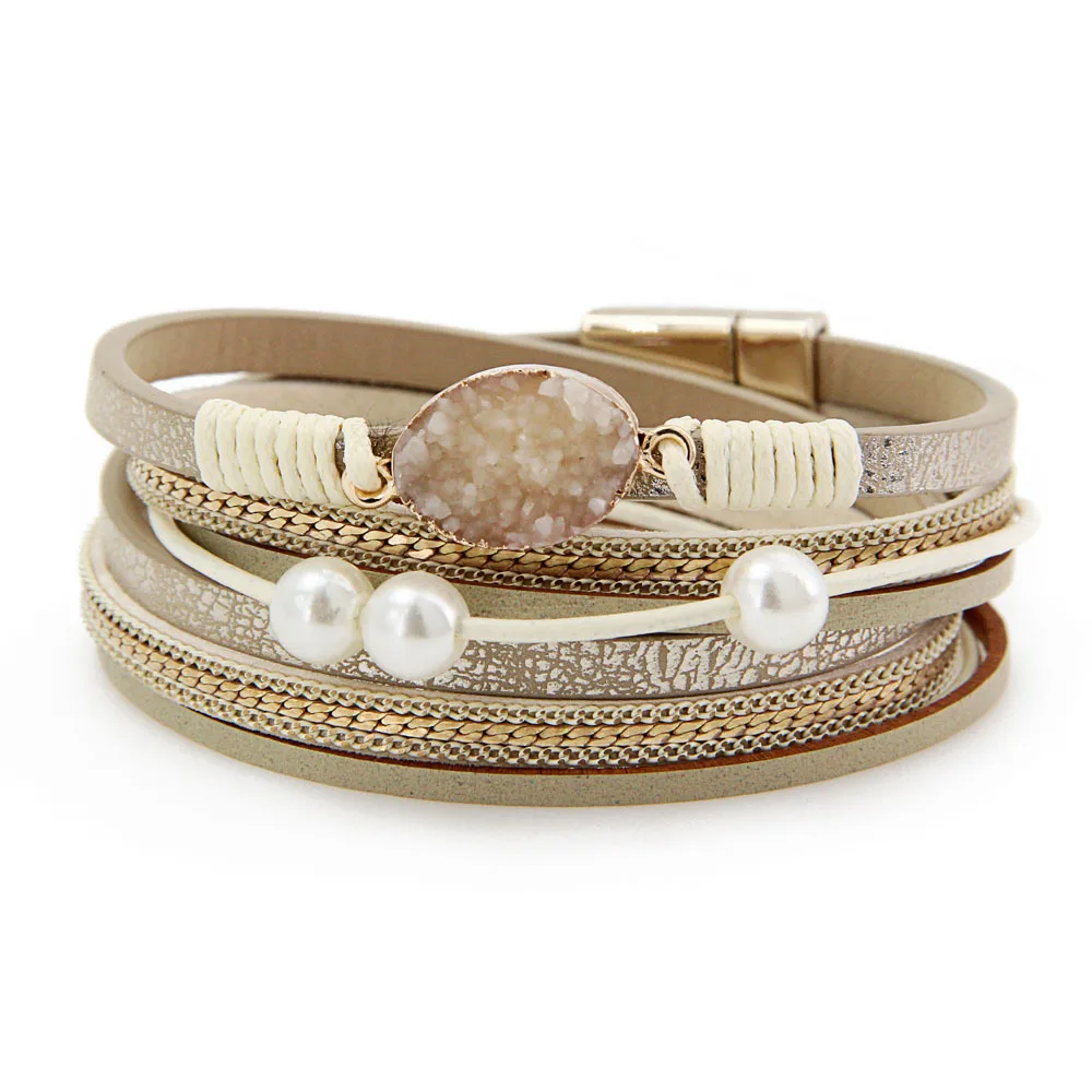 

PU Leather Pearl Wrap Bracelet Gold Plated Magnetic Clasp Bracelet Braided Leather Bracelet