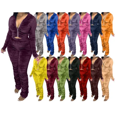 

2021 Women Velour Hoodie Jogger Tracksuit Velvet Jogging Suit Women 2 Piece Stacked Pants Set