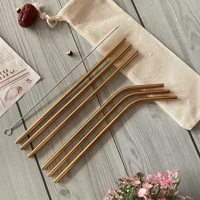 

wholesale drink pouches with straw 6pcs 215*6mm stainless steel 304 (18/10) straws with cleaning brush, Rose / rose gold / black / rainbow / silver / blue / purple
