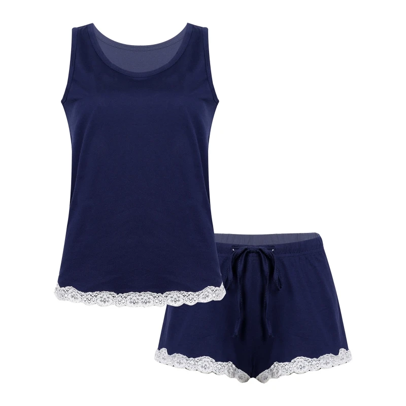 

Wholesale Women Lace Trim Pajama Set Sleeveless Shorts Lounge Sets Tank Top Sleepwear Pjs