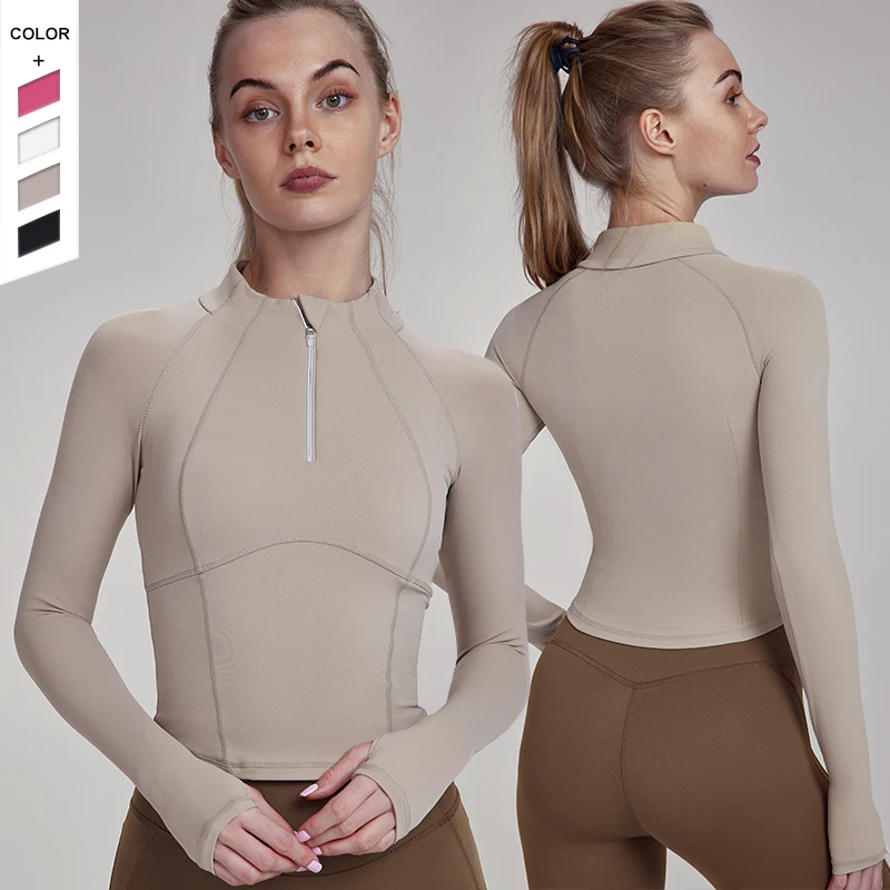 Wholesale in Stock Breathable Sports Tops Reflective Half Zipper Thumb Holes Professional Running Training Sports Long Sleeves