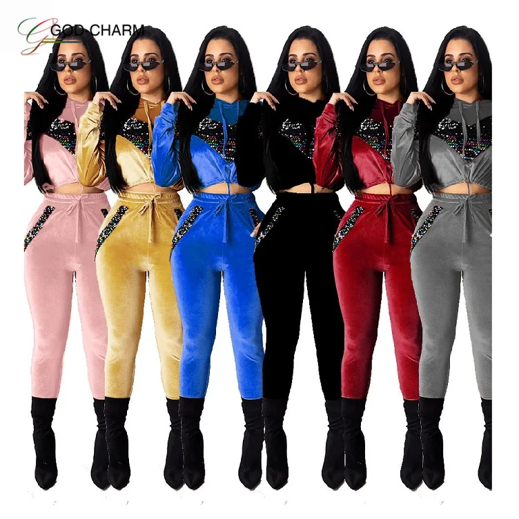 

YH-T026 autumn solid sequin splicing drawstring suede hoodie Two Piece Pants Suit Set Woman, Pink, black, red, yellow, gray, blue