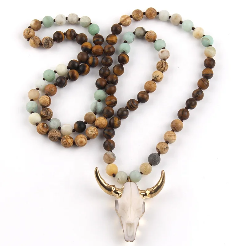 8mm bohemian women ox necklace natural white howlite turquoise Stone bull horn pendant necklace