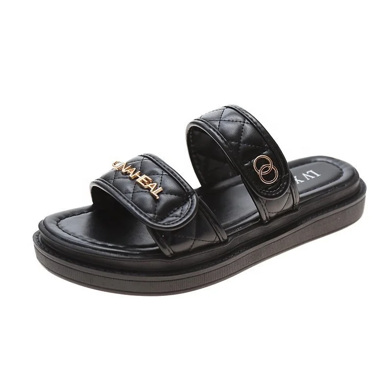 

2021 channel slippers sandals women summer new arrival hook and loop shoes flat casual balck sandals for women, As picture