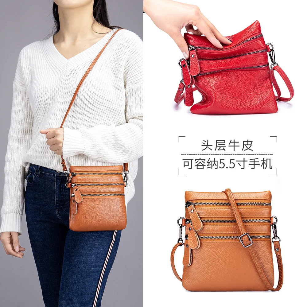 

New Simple Mini cell phone Crossbody bag Cow Leather Female Bag Casual Four Zippers Shoulder Messenger Inclined bag, 7 colors