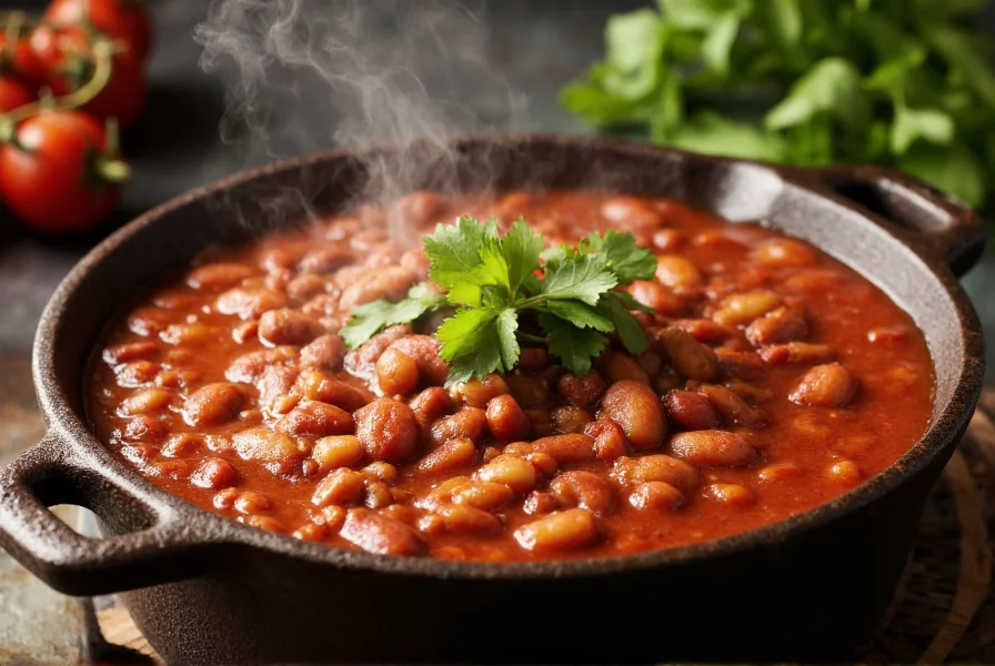 Cast iron pot filled with rich red chili with visible kidney beans and steam rising, garnished with fresh cilantro