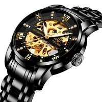 

mens skeleton mechanical watch diamond roman numerals stainless steel strap automatic wristwatch