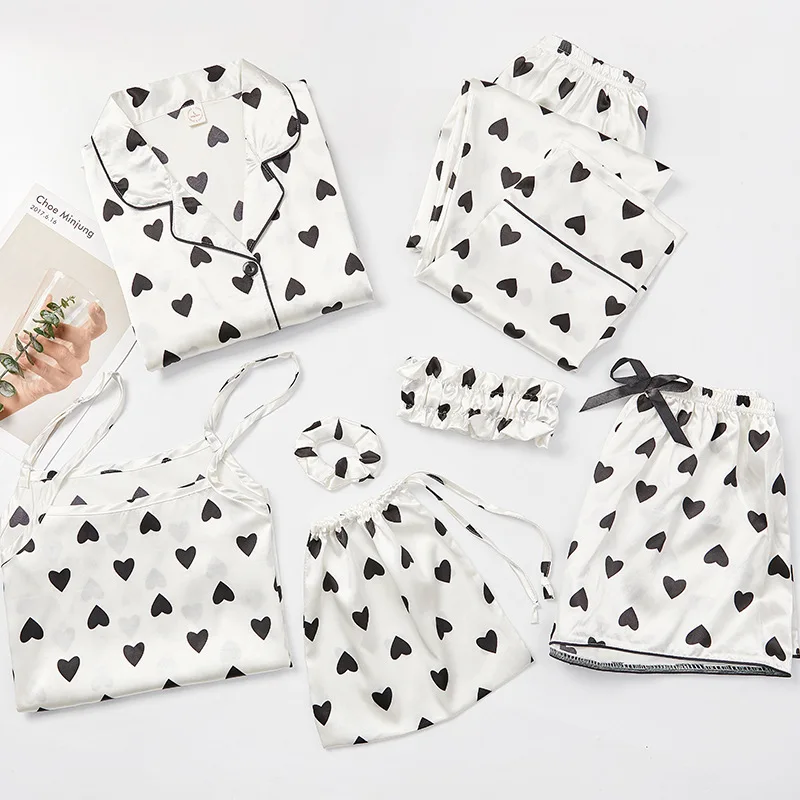 

Women Custom Pure Cotton Nightwear Long Sleeve Shorts Print Fashion Pyjamas High quality New cute nighty 7 pcs Pajamas