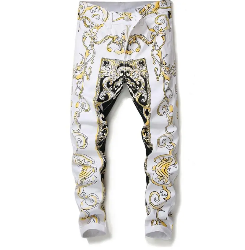 

Mens Jeans Soft Stretchy Mens Pants Printed Denim Jeans White Jean Trousers