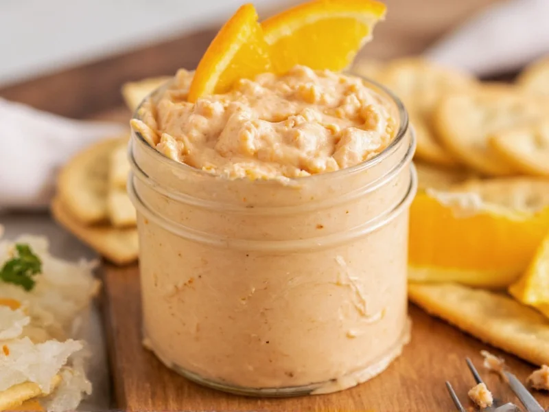 Creamy orange pimento cheese in mason jar with crackers
