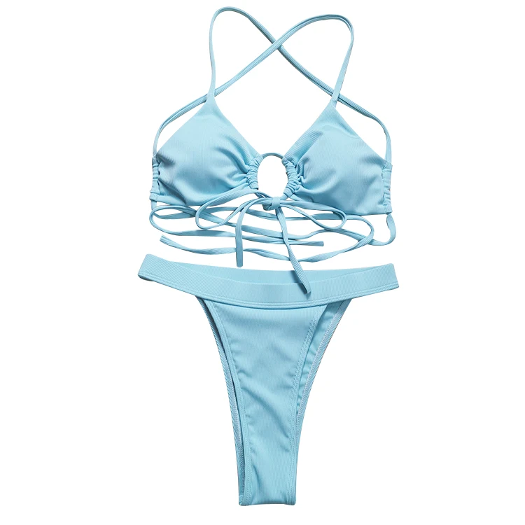 

2021 thong bikini new cross-border special for thread cloth drawstring lace split sexy micro thong bikini