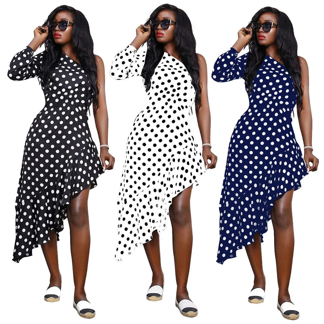 

European And American Fashion Design Casual Women Evening Party Dresses Polka Dot One Shoulder Irregular Pleated Dress, Picture color
