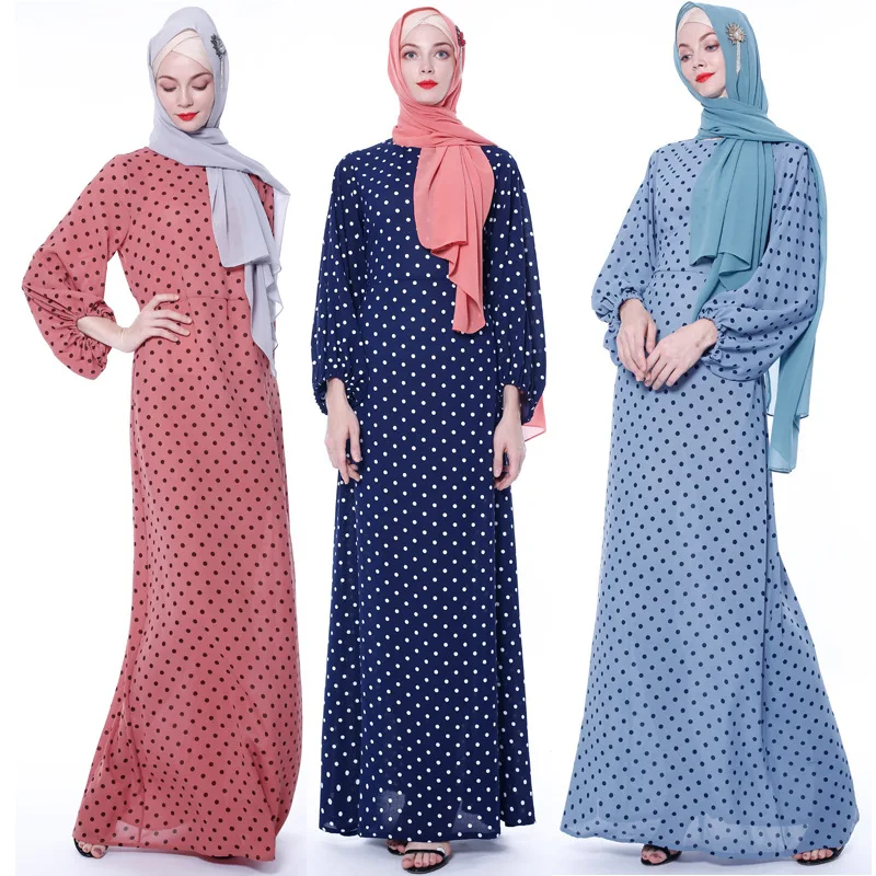 

Baju Muslim Pria Casual Dot Dress 2021 Fashion Muslim Party Dress Abaya Loose Long Sleeve Dubai Turkey Dubia Abaya Dress Muslim