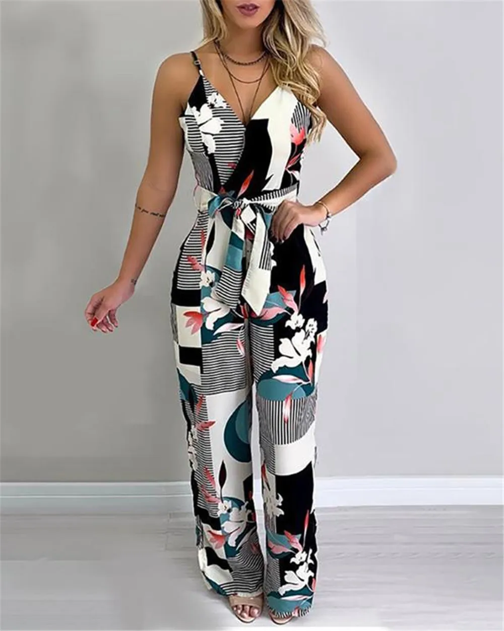 

Summer Women Casual Sleeveless V-Neck Jumpsuits Ladies Boho Floral Bodysuit Wide Leg Loose Long Pants Trousers Plus Size, Picture