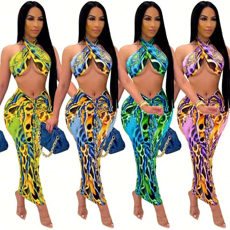 

Summer long backless crop top 2 piece set maxi skirt women sexy