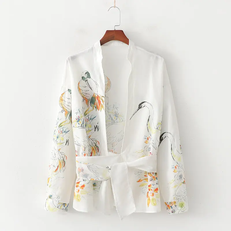 

2020 New Arrival Women v neck floral print Fashion elegant cotton long sleeve top