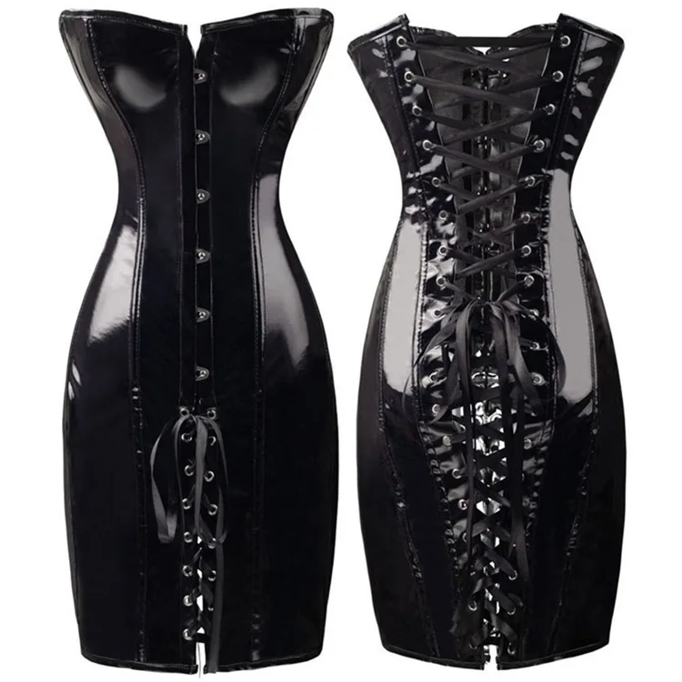 

Black Sexy Gothic PVC corset dress Long Slim Bustiers Overbust Corsets Faux Leather elastic plus size overbust corset dress, Picture shows