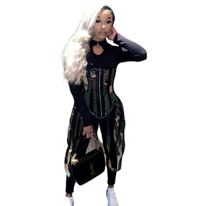 

Two Piece Long Sleeve Keyhole Strap Camouflage Corset Jumpsuit Set