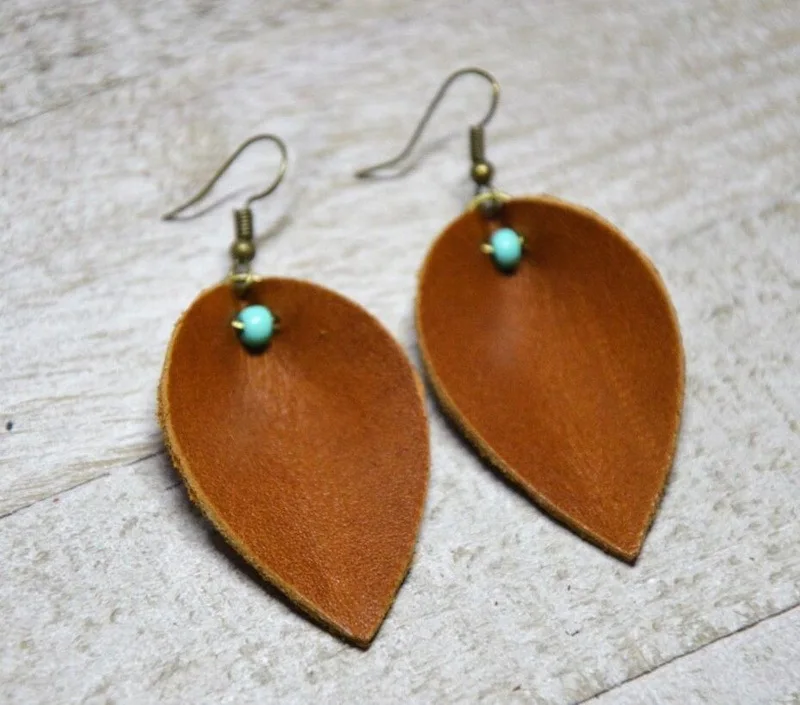 

Brown Genuine Leather Leaf Beads Earrings, Picture