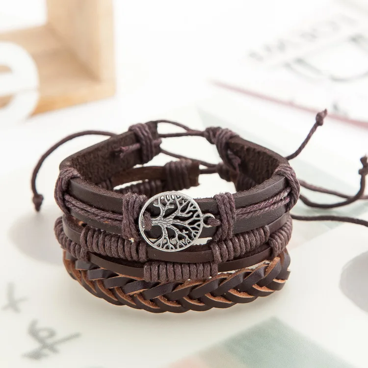 

Wholesale Multi-layered vintage men's leather bracelet Peace Tree Friendship Cowhide Bracelet Multi-layered Wearing Retro Bracel