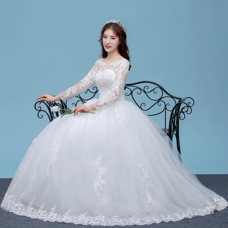 

Elegan Tulle Lace Appliques Long Sleeve Ball Gown Wedding Dress For Bridal, White