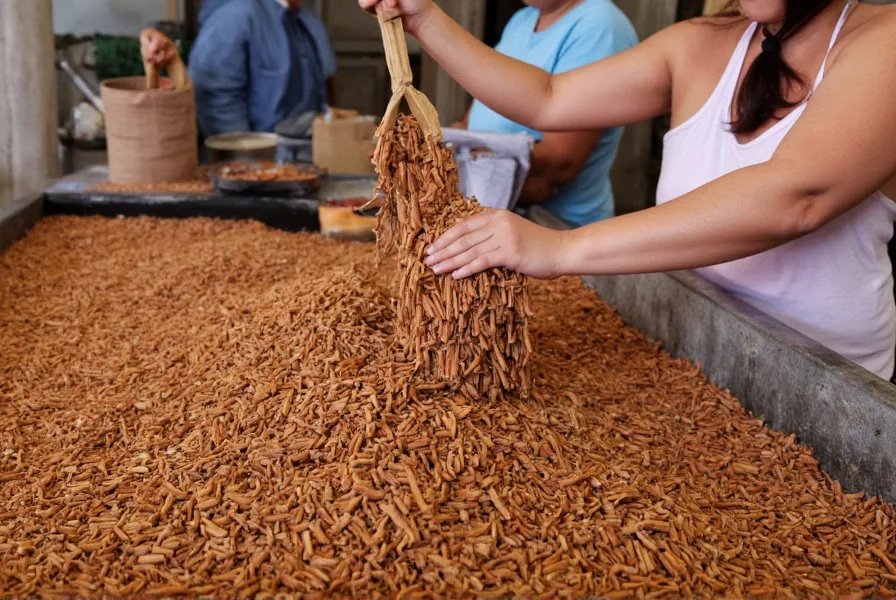 Cinnamon processing facility showing workers sorting and packaging cinnamon sticks in Southeast Asia
