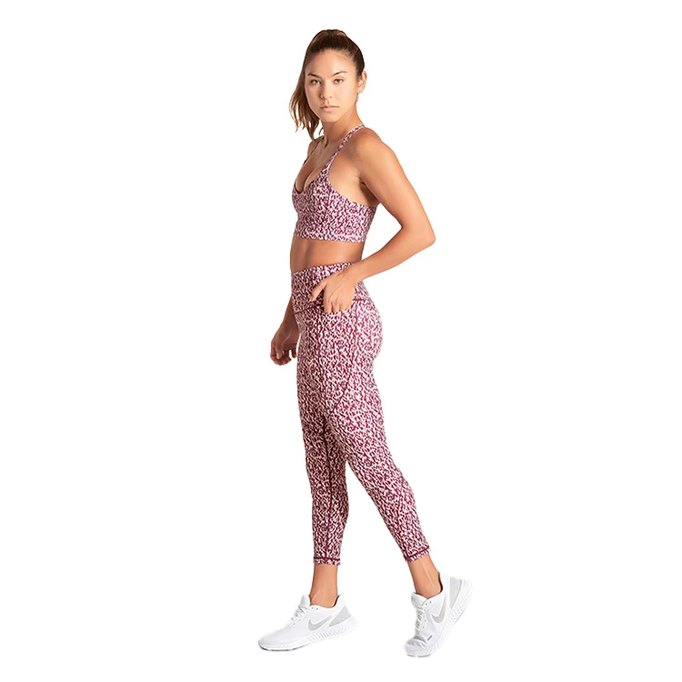 

anti-shock running suit two pieces printed backless bra pants with pocket exercise yoga set, As picture, also can be customized