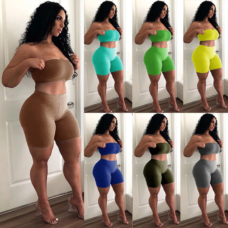 

2021 Summer Women 2 Pieces Solid Tube Tops and Shorts Jogging Set Lady Sexy Sport Fitness Stretchy Workout Outfit