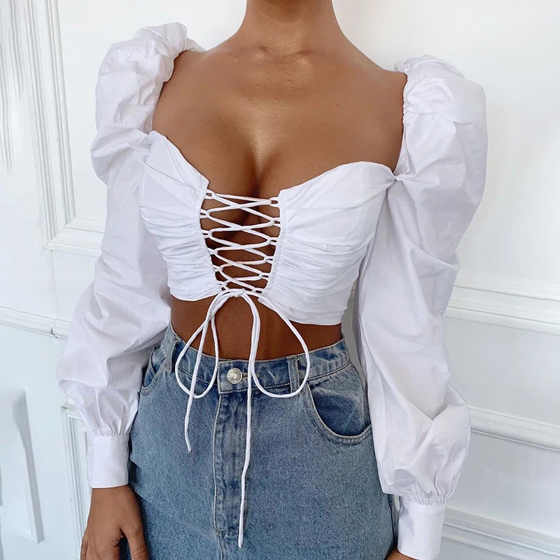 

Blusas Mujer De Moda 2020 White Puff Sleeve Front Hollow Out Lace Up Sexy Tops And Blouses Women Vintage Shirt, White/black/red