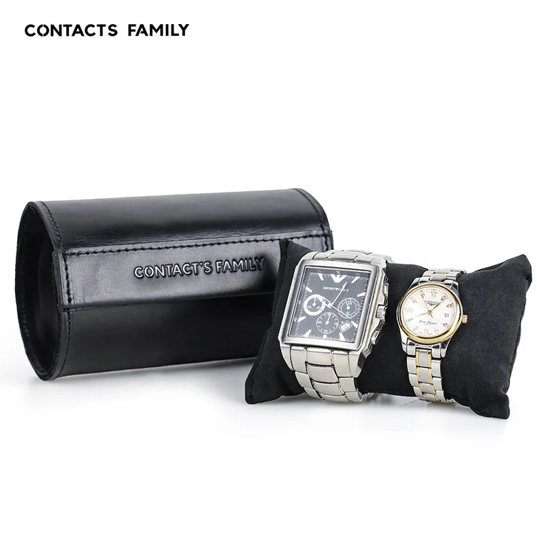 

CONTACT'S FAMILY 2 Slots Black Watch Roll Storage Box Luxury Cow Leather Watch Case Organizers with Magnetic Buckle, Black or customized