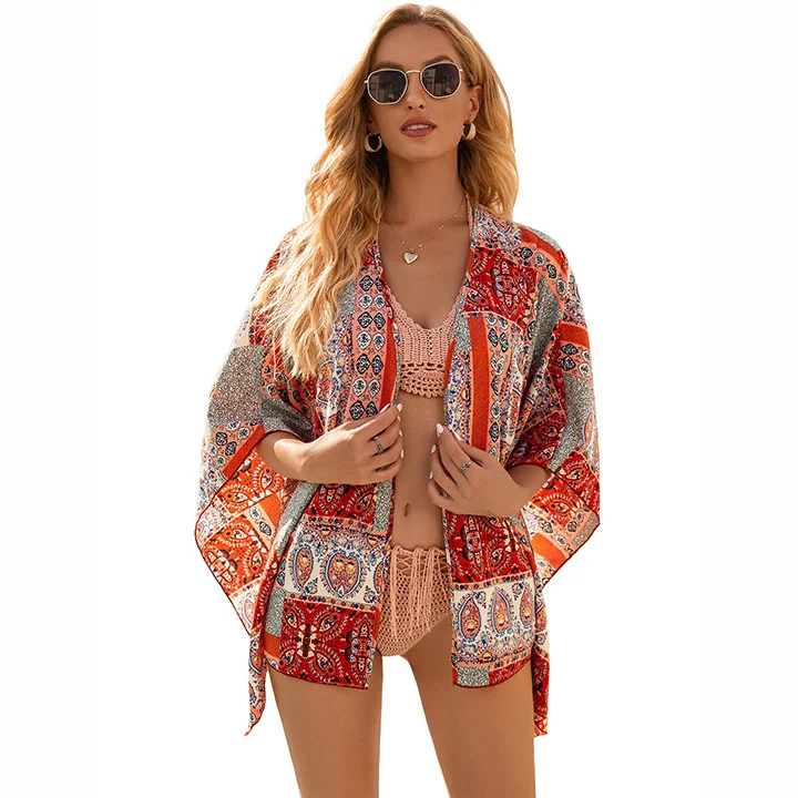 

women's 2021 summer European and American style beach overall plus size casual print top bohemian ropa blouse, White