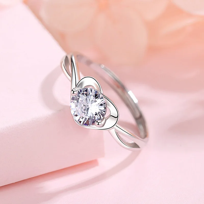 

Adjustable Heart Ring 925 Sterling Silver Couple Diamond Engagement Wedding Ring