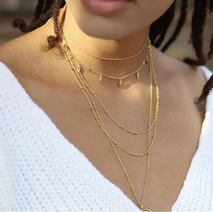 

2020 Summer New Dainty Two 2 Layered Gold Plated Stainless Steel Beads Chain Necklace Layering Necklaces for Women Jewelry