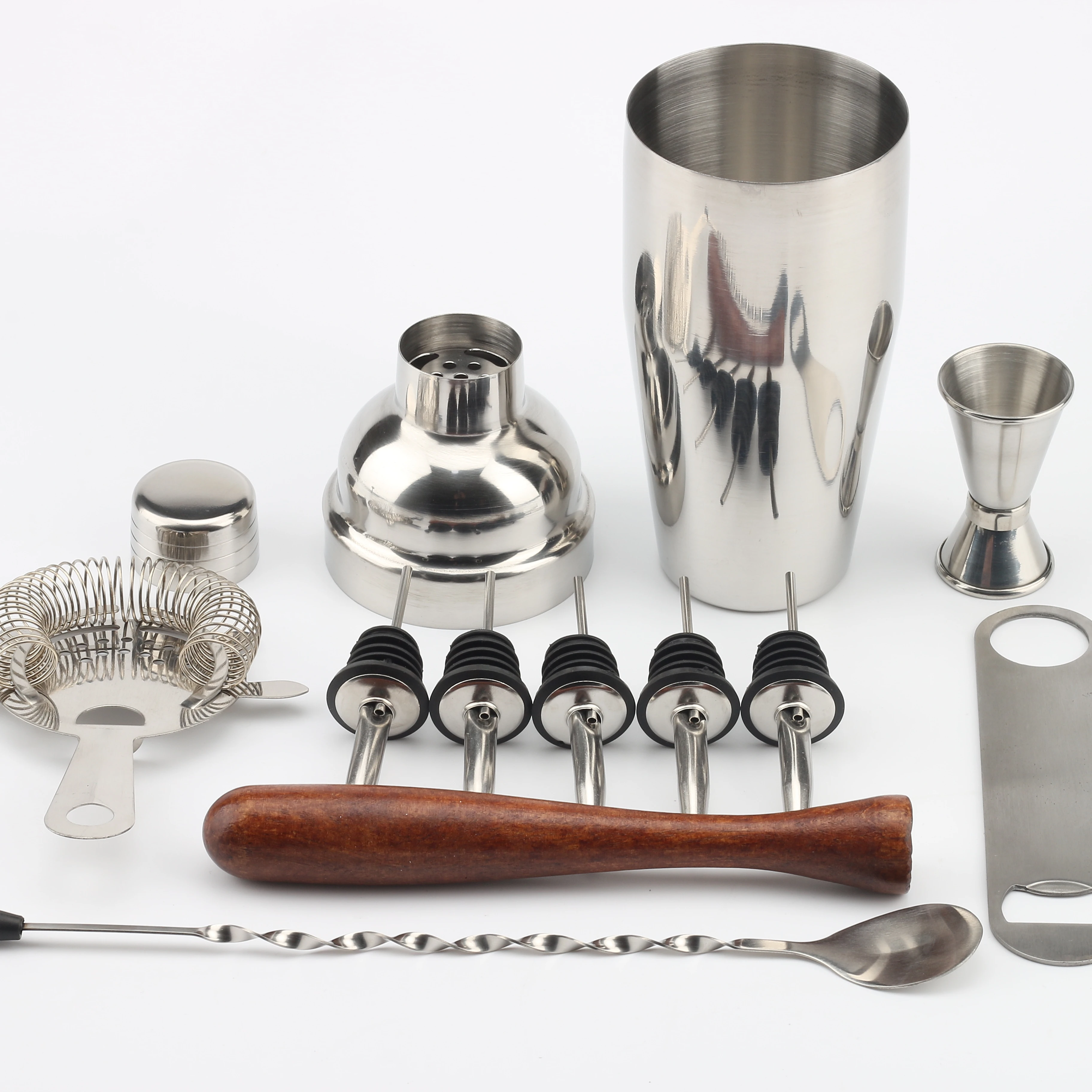 

11-piece premium quality stainless steel cocktail shaker set bartender equipment bar accessories, Stainless steel silver