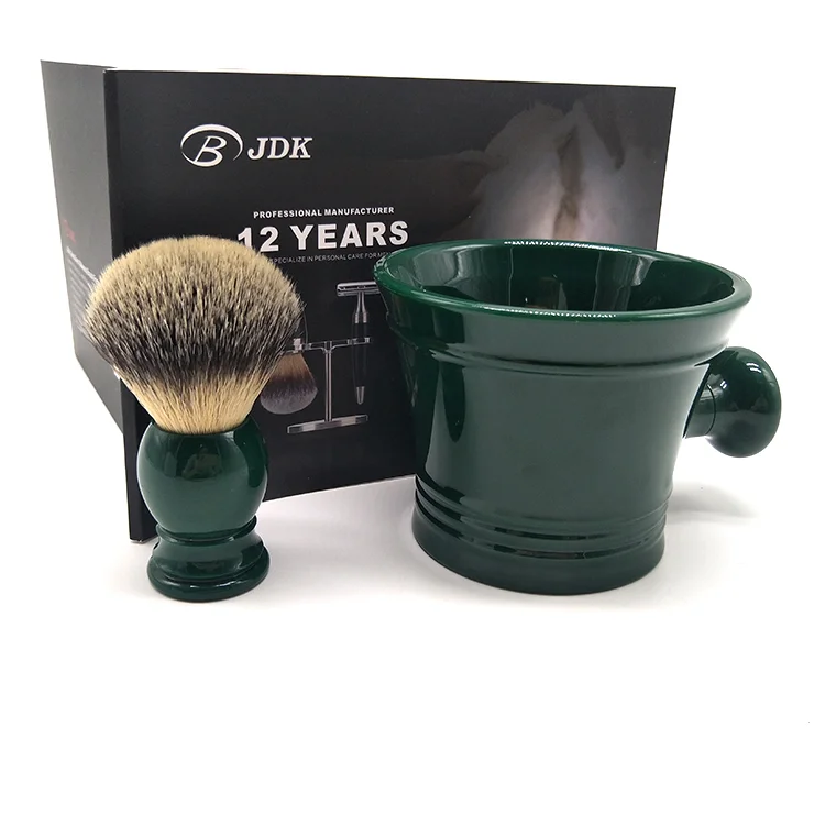 

Factory Sale Green shaving mug and brush set JDK Custom Logo Men Grooming shaving brush Cream Soap bowl kit set Wholesale