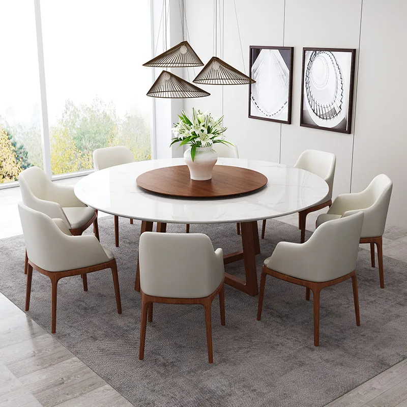 
Nordic marble dining table 8 people round turntable white solid Ash wood dining table  (62585316221)