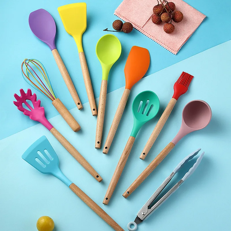 
Colorful Silicone Kitchen Utensils Appliances Set Heat - resistant Non-stick Pan 12 Sets Of Wooden Handle Shovel Spoon set 