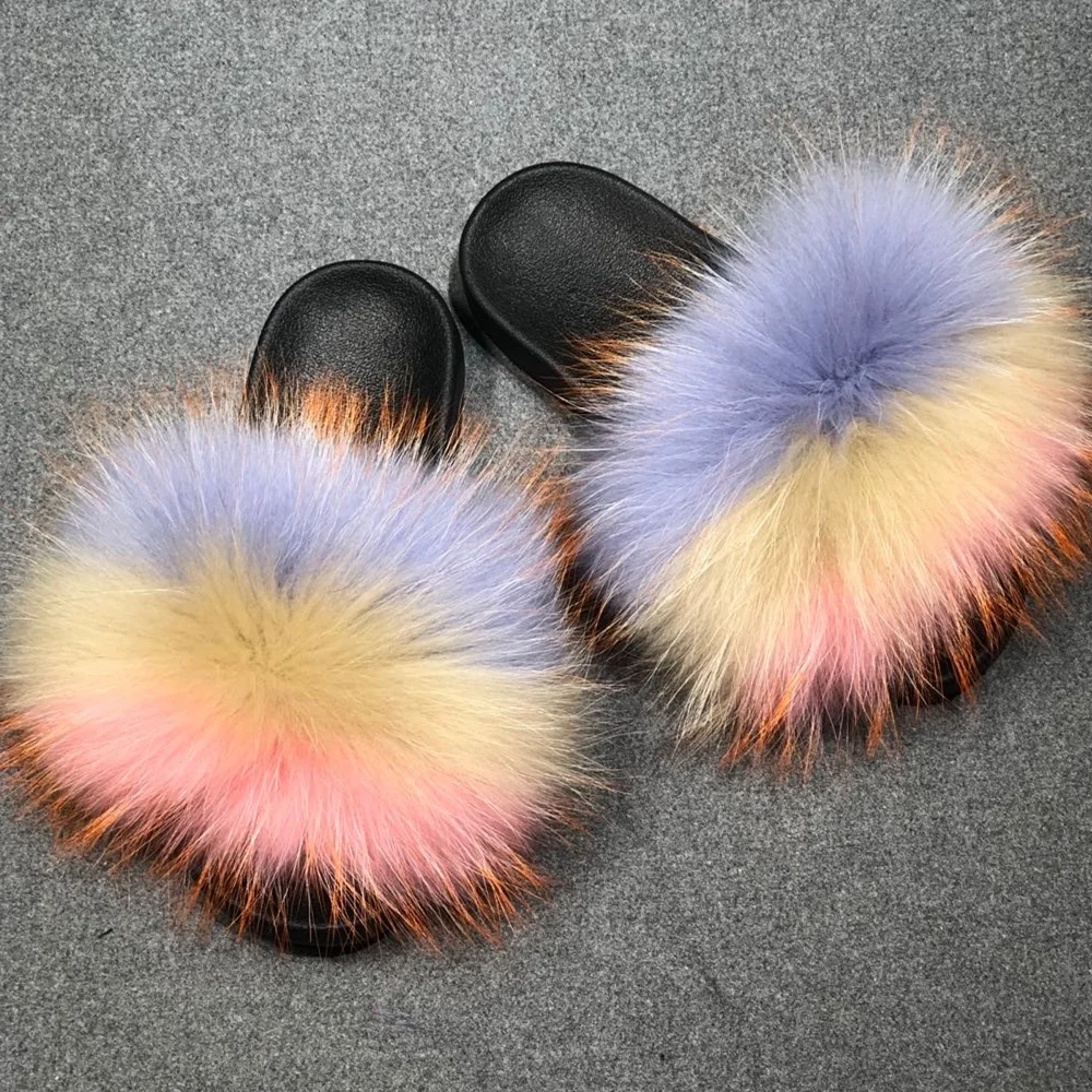 

Fashion Women's Fur Sandals Fluffy Flat Slippers Furry Flip Flop Real Fox Raccoon Fur Slides For Women, Customized color