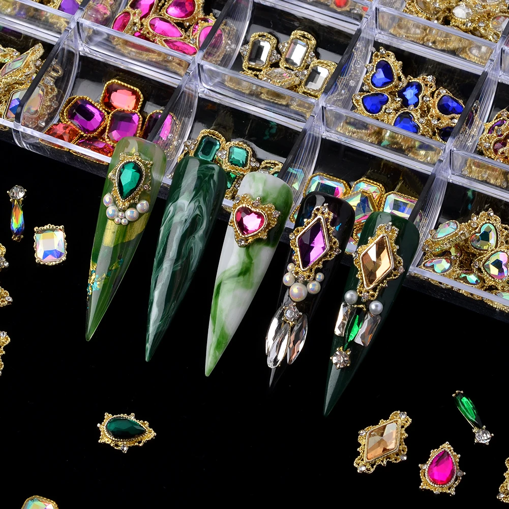 

24 Gird Nail Crystal Gem Jewelry Luxury Designer Chrome Red Heart Big Nail Charms Colorful Nail Rhinestones
