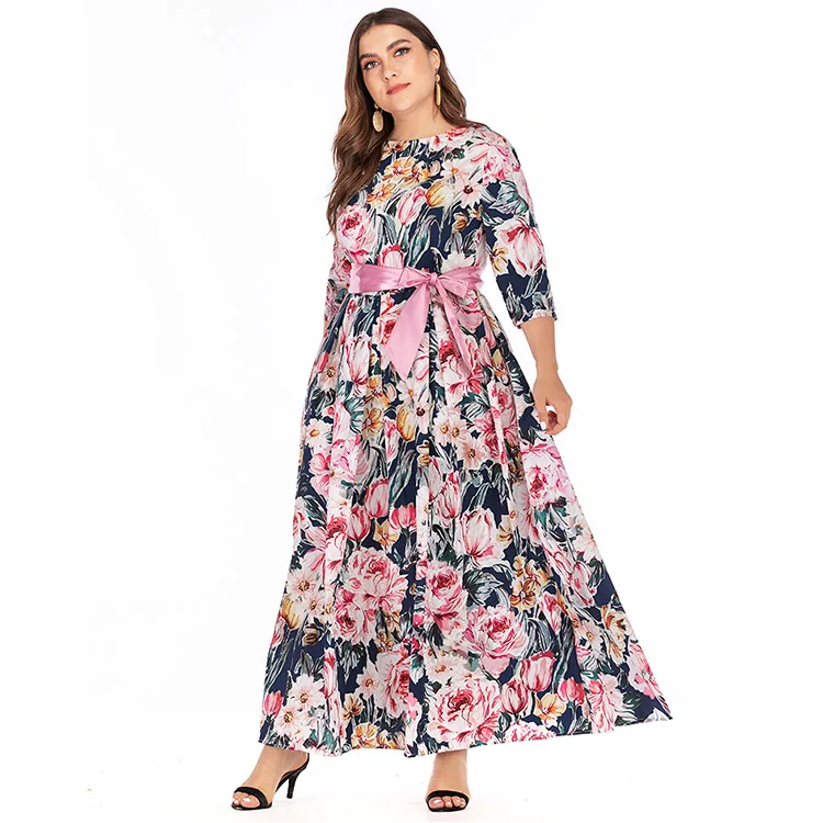 

XXXL floral print bow bohemian clothing dress women large size