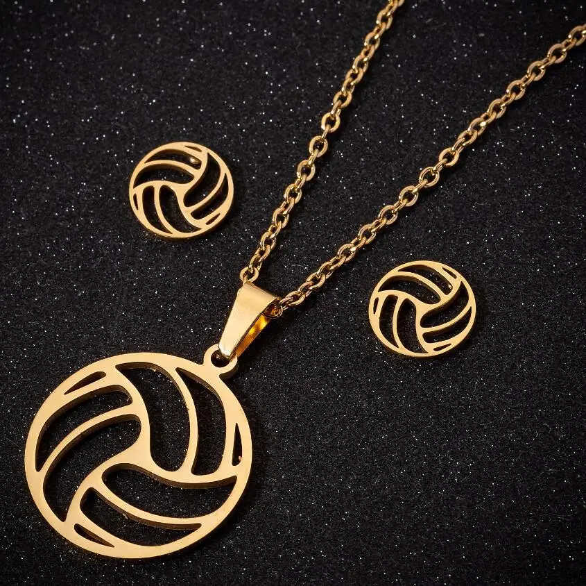 

New Trendy Sporty Stainless Steel Volleyball Necklace Earrings Jewelry Necklace Sets Volleyball Pendant Necklace for Men Women