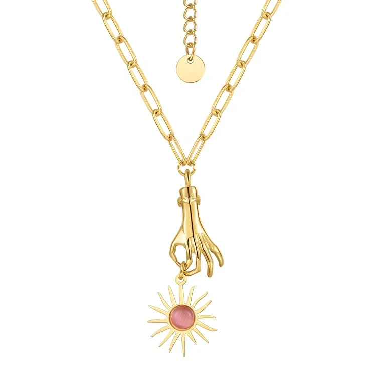 

Latest High Quality 18K Gold Plated Stainless Steel Jewelry Hand Shape Sun Flower Pendant Vintage Opal Necklace P213239