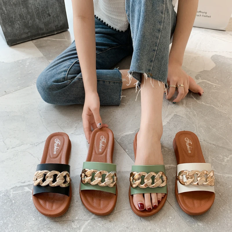 

Women's slippers 2021 summer new fashion Flat Sandals Ring Slipper Ladies Indoor Outdoor slippers for women, Green/white/black