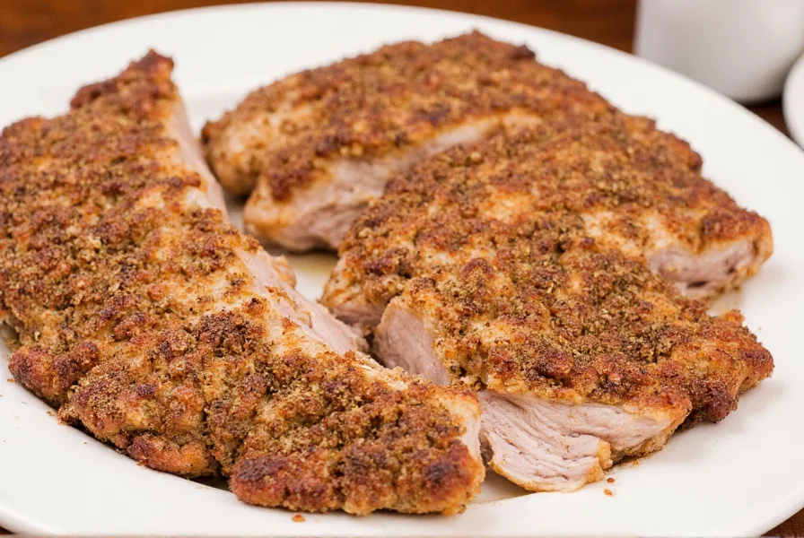 Seasoned pork chops on a sizzling skillet